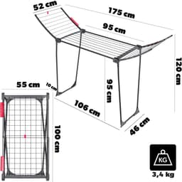 KADAX Droogrek met 18 m drooglengte, inklapbare vleugelwasdroger van roestvrij staal, met antislipvoeten, voor binnen en buiten, Made in EU (antraciet/grijs) — thumbnail 2