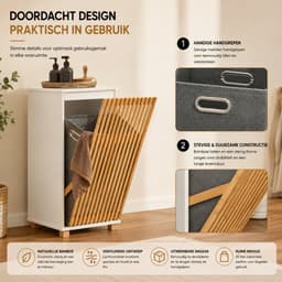 Noventra - Wasmand met Deksel - Bamboe Wasbox - Smalle Wasmand 55 Liter - Wasmand met Uitneembare Waszak - Wit — thumbnail 4