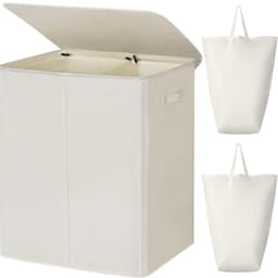KIRA® Wasmand - Wasmand 2 Vakken - Wasmand Met Deksel - Wit - 63cm x 37cm x 69cm — thumbnail 1
