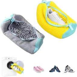 Set van 2 Schoenwaszakken voor Sneakers en Sportschoenen, 39 cm, Wasmachine Bescherming met Rits, Grijs-Geel en Turquoise Accenten — thumbnail 1