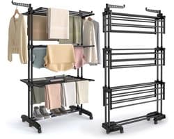 Stervia Wasrek Op Wieltjes - Droogrek - 4 niveaus - Draagvermogen 41 Kg - Draaibare Haken - Opvouwbaar - Zwart - 63,5 x 125,5 x 173 cm