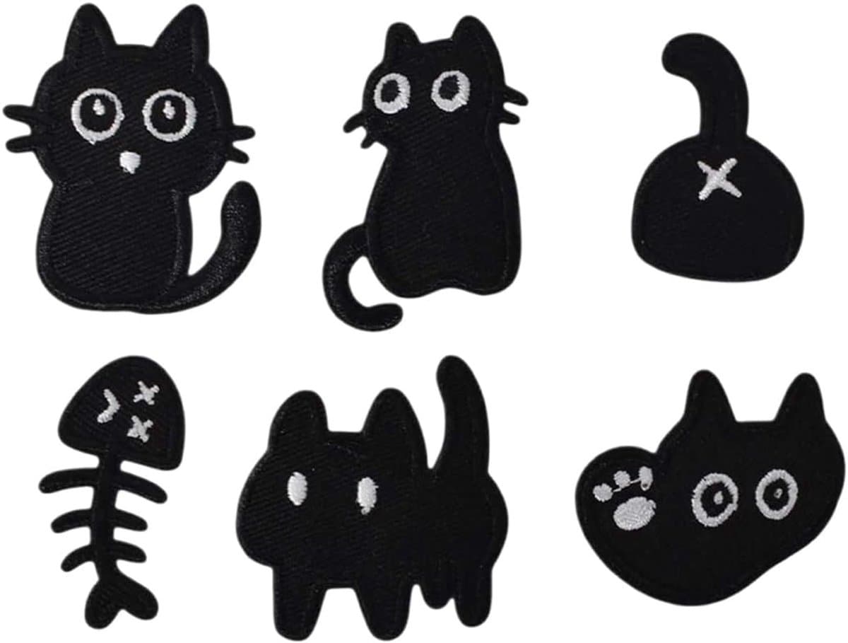 Set van 6 Schattige Zwarte Kat Knijpers, Handige Patches voor Strijken en Naaien, Creatieve Dierlijke Patches voor Kleding en Accessoires — afbeelding 1