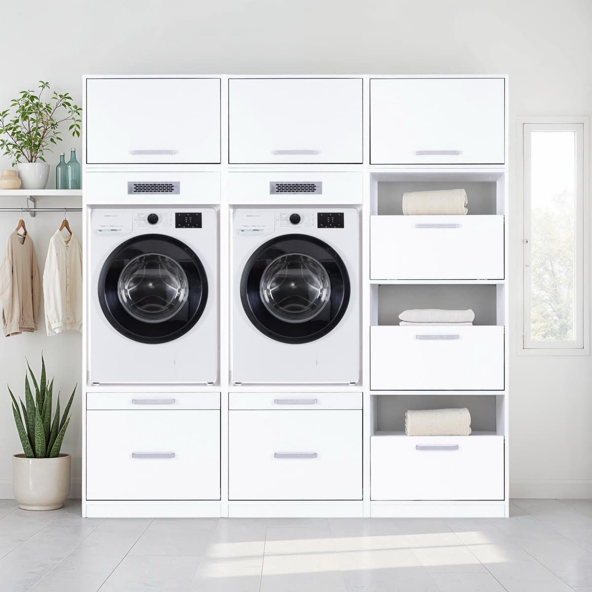Interlink Lifestyle Studio Flow wasruimtecombinatie Bundel 2 wit - Complete wasruimte met 6 elementen - 2 wasmachinekasten, 3 bovenkasten en wasmandkast - Softclose - 201 x 68 x 208 cm — afbeelding 1