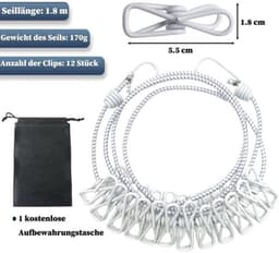 Waslijn Uittrekbaar 1,8m - Draagbare Campingwaslijn - 12 Wasknijpers - Multifunctionele Waslijn - Inclusief Opbergzak - Eenvoudige Installatie - Reiswaslijn — thumbnail 5