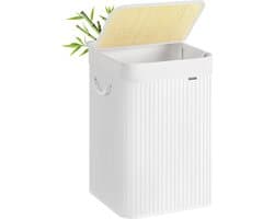 Wasmand, 95 l, vuile wasmand, deksel, van bamboe, handgrepen, opvouwbaar, afneembare zak, machinewasbaar, voor wasruimte, slaapkamer, wit LCB060W01