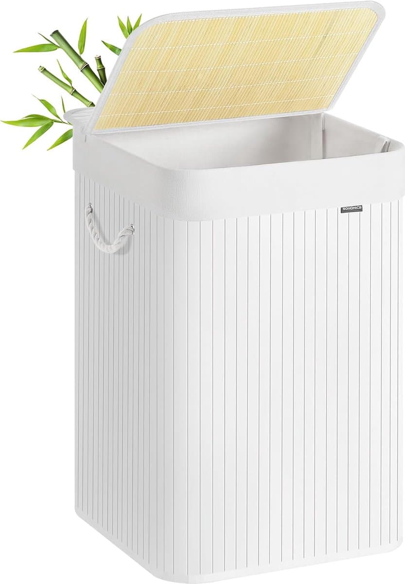 Wasmand, 95 l, vuile wasmand, deksel, van bamboe, handgrepen, opvouwbaar, afneembare zak, machinewasbaar, voor wasruimte, slaapkamer, wit LCB060W01 — afbeelding 1