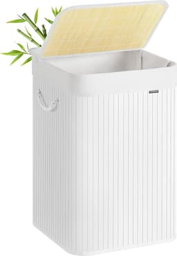 Wasmand, 95 l, vuile wasmand, deksel, van bamboe, handgrepen, opvouwbaar, afneembare zak, machinewasbaar, voor wasruimte, slaapkamer, wit LCB060W01 — thumbnail 1