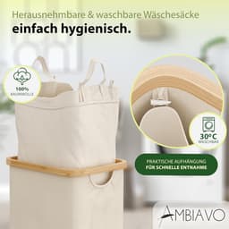 Wasmand 3 vakken met legplank beige 150 l – ruimtebesparend design – 50 l per vak – stabiele bamboeconstructie – legplank – uitneembare, wasbare waszakken — thumbnail 2