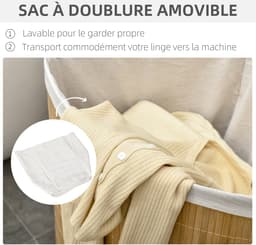 Bamboe wasmand met deksel, 55 liter, wasverzamelaar met handgrepen, uitneembare waszak, hoekwasbak, wasmand voor bijkeuken, badkamer, slaapkamer, 38 x 38 x 57 cm, naturel houtkleur en wit — thumbnail 3