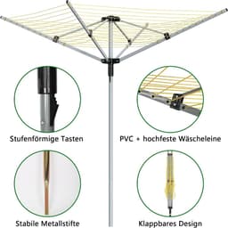 Droogmolen Buiten - Kledingrek - Buiten Luchten - 50 Meter Lijn - 180 cm Hoog - Zilver Grijs — thumbnail 4