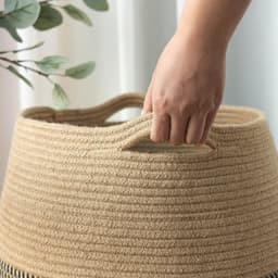 Gevlochten Wasmand 65cm Hoog - Grote Opbergmand van Katoen & Jute - Opvouwbaar - Zwart/Jute — thumbnail 2