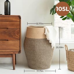 Gevlochten Wasmand 65cm Hoog - Grote Opbergmand van Katoen & Jute - Opvouwbaar - Zwart/Jute — thumbnail 4