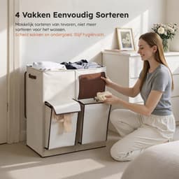 Lìon® Wasmand - 180L - Wasmand 4 Vakken - Wasmand met Deksel - Beige - 58cm x 40cm x 71cm — thumbnail 4