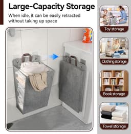 Opvouwbare wasmand met deksel - Hangende wasmand - Stoffen wasopberger - 48x36x12cm - Grij - met gaasvenster - voor badkamer en wasruimte — thumbnail 4