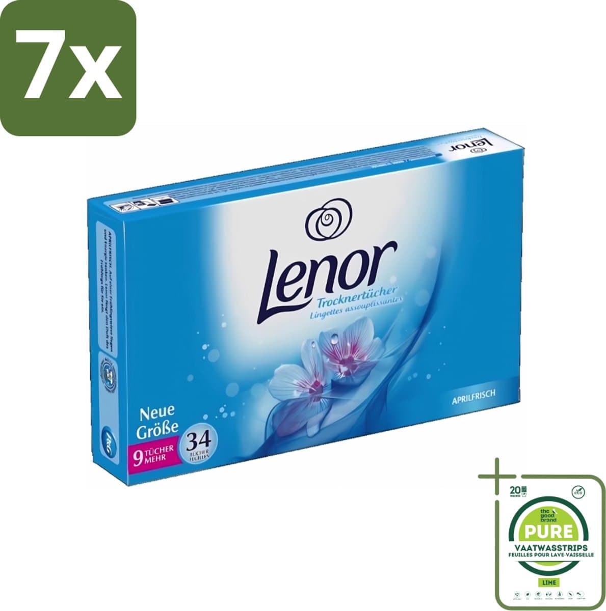 7 x Lenor - Droogtrommeldoekjes - Aprilfris - Textielverfrisser - 34 Doekjes - Grootverpakking - Droogtrommeldoekjes - Frisheid - Wasdoekjes - Statische Elektriciteit - Textielverfrisser — afbeelding 1