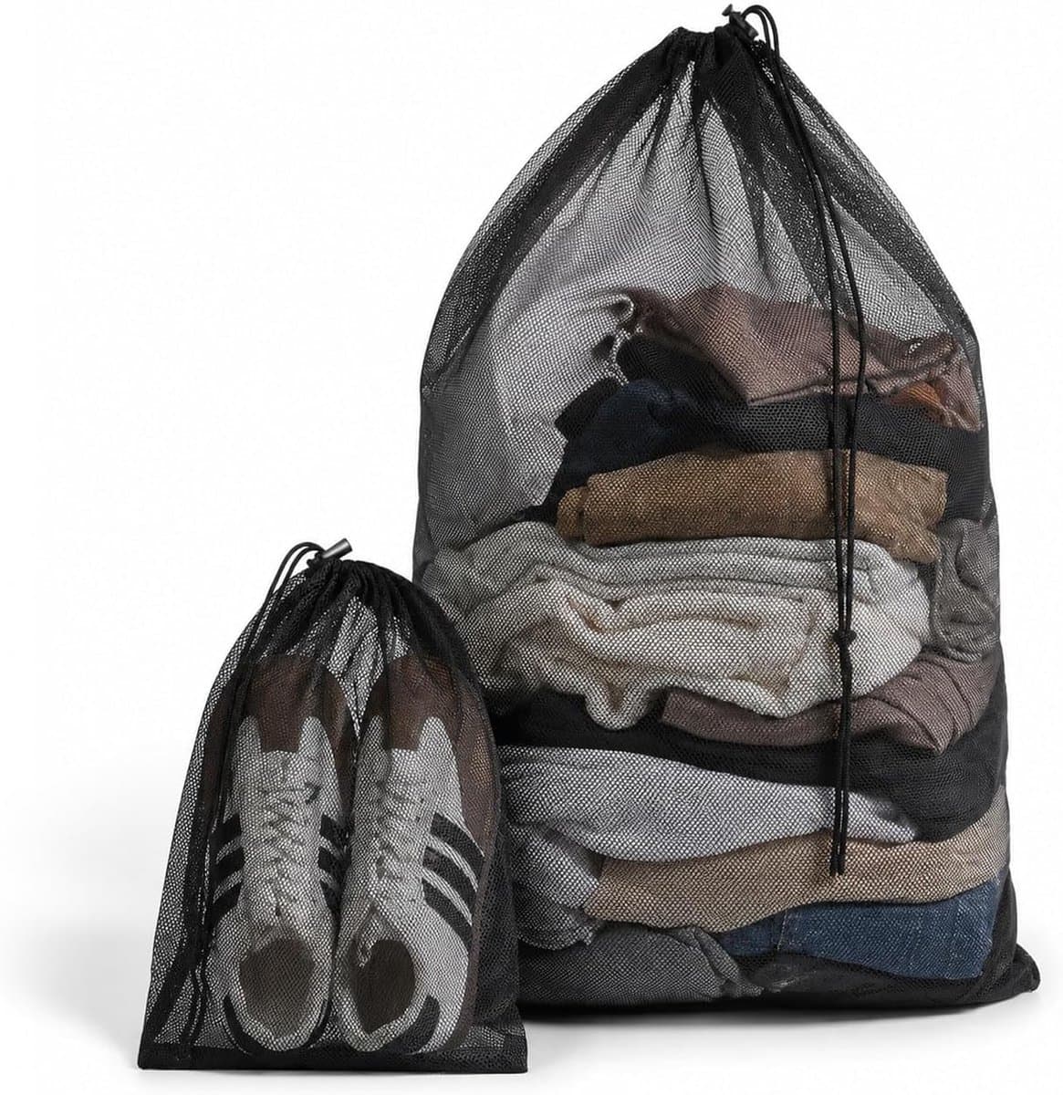 SnelShoppen - 2er Set Waszakken Groot & Klein – Waszak Wasmachine, Duurzaam Wasnet, Waszak met Trekkoord voor Reizen, Wasmachine & Opslag Zwart — afbeelding 1