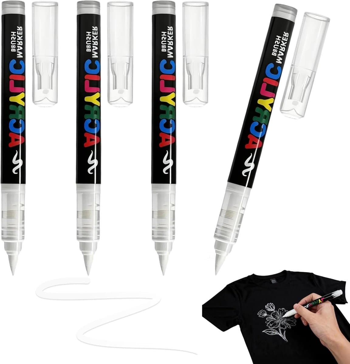 4 stuks textielstiften, wasmachinebestendig, wit, textielmarkers, wit, 1-6 mm, zachte punt, wasmarker, wit, permanent, textielmarker voor stof, doe-het-zelf, kleding en creatieve projecten — afbeelding 1