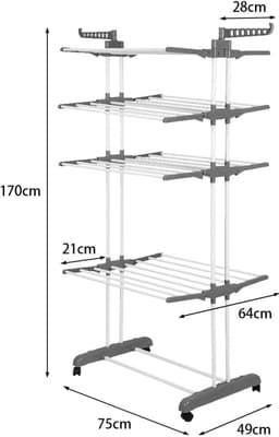 PIPIPOXER- Wasrek Inklapbaar-Droogrek-Staand Droogrek -Uitschuifbare Droogtoren – 4 Verdiepingen – 75 meter Drooglengte- Ruimtebesparend Wasrek -Wastoren Staand- Droogrek op Wielen - grijs en wit — thumbnail 5