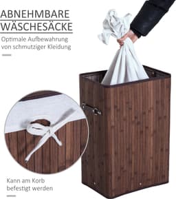 Smalle wasmand met deksel - 72 liter wasmand met handvat - uitneembare waszak - wasbox voor wasruimte - slaapkamer - badkamer - donkerbruin — thumbnail 4