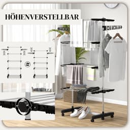 MIVRAY Droogtoren – 5 Niveaus Klapbaar En Verrijdbaar – 142 x 55 x 172 cm – Roestvrij Staal – Zwart En Zilver – Voor Binnen — thumbnail 4