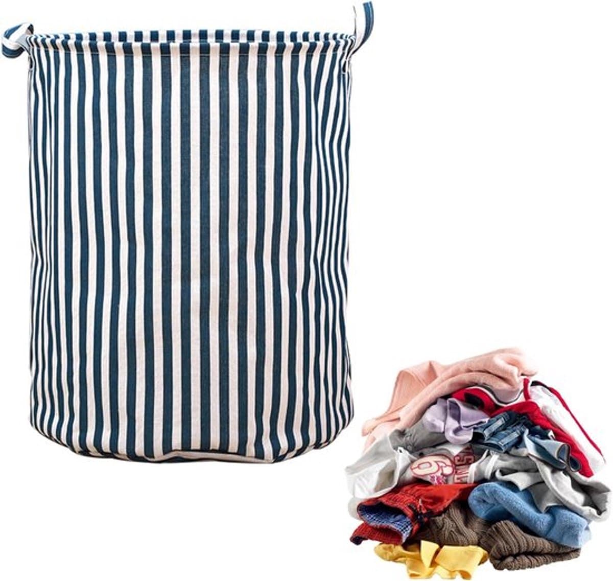 Opvouwbare ronde wasmand voor jongens en meisjes - blauw-wit gestreept - speelgoedmand - kameropbergmand - grote wasmand — afbeelding 1