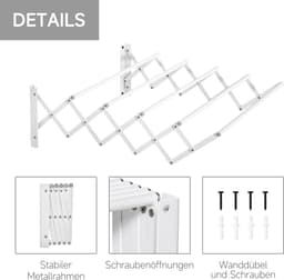 OKWISH Wandtrockner – Uitrekbaar En Opvouwbaar – 63,5 X 60 X 20 Cm – Metaal – Wit – Ruimtebesparende Wandmontage Voor Binnen En Buiten — thumbnail 5