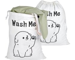 Waszak 50 x 60 cm - Waszakken 2 stuks - Waszak met hondenontwerp - Opbergzakken voor wasgoed - Katoenen waszakken - Duurzaam en robuust - Wasmand