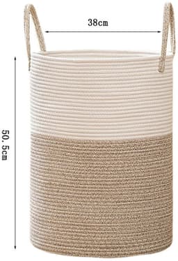 Wasmand van katoentouw - Wasmand van gevlochten katoentouw - Opvouwbare wasmand - Diverse mand - Wasmand - Opbergmand - 38*50,5 cm - Verstevigd handvat - Geschikt voor badkamers, kinderkamers, woonkamers, enz. - Bruin, wit — thumbnail 5