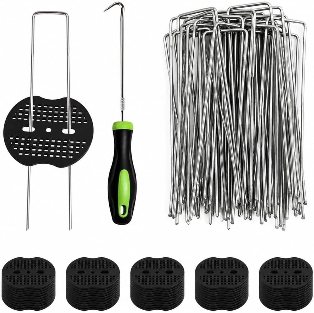 Onkruidvlieshaken voor tuin en camping, 50 stuks grondankers met sluitringen, roestbestendig en verzinkt, U-vormige haringen voor mulch en kunstgras (150 x 40 mm, Ø 2,5 mm) — afbeelding 1