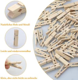 Dailygoods- Wasknijpers Mini Houten Set - 165 Stuks - Decoratieve Klemmen - 10 m Jute Touw - Natuurlijk Hout - Stevige Veer — thumbnail 2