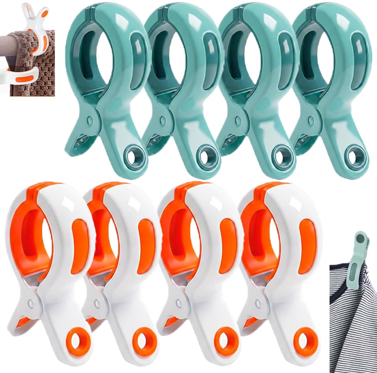 8 stuks - Wasknijpers - Strandhanddoekclips - Sterke winddichte dekenclips - Plastic clips - Kledingclips - Winddichte clips - Oranje en groen - Geschikt voor zonnebaden ligstoelen bij het zwembad zware kleding dekbedden en lakens — afbeelding 1