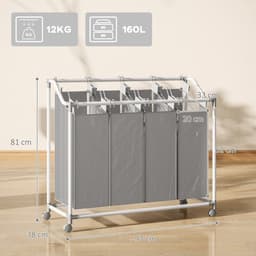 Verrijdbare wasmand, waskar, wasmand op wieltjes met 4 uitneembare zakken, 4 x 40 l, 97 x 38 x 81 cm, grijs — thumbnail 2