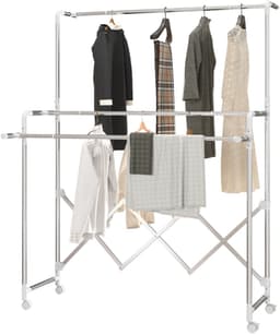 OKWISH Droogtoren – Verstelbare Stangen – 150 x 103 x 197 cm – Roestvrij Staal – Zilver – Opvouwbaar Voor Binnen En Buiten – Met Wielen — thumbnail 4