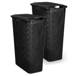 Plasticforte Smalle Wasmand met deksel Rotan - 2x - zwart - gevlochten kunststof - 48 liter - 27 x 46 x 60 cm — thumbnail 1