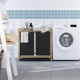 Aufun Wasmand - 2 compartimenten - van bamboe - met plank - uitneembare waszakken - wasscheider - voor slaapkamer en wasruimte - zwart — thumbnail 3