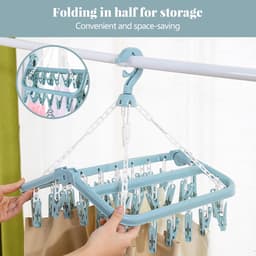 Blauw - Sokken droogrek, 32 clips hangend droogrek, binnen en buiten droogrek, hangend, draaibaar, opvouwbaar, geschikt voor sokken, ondergoed en kleine kledingstukken — thumbnail 5