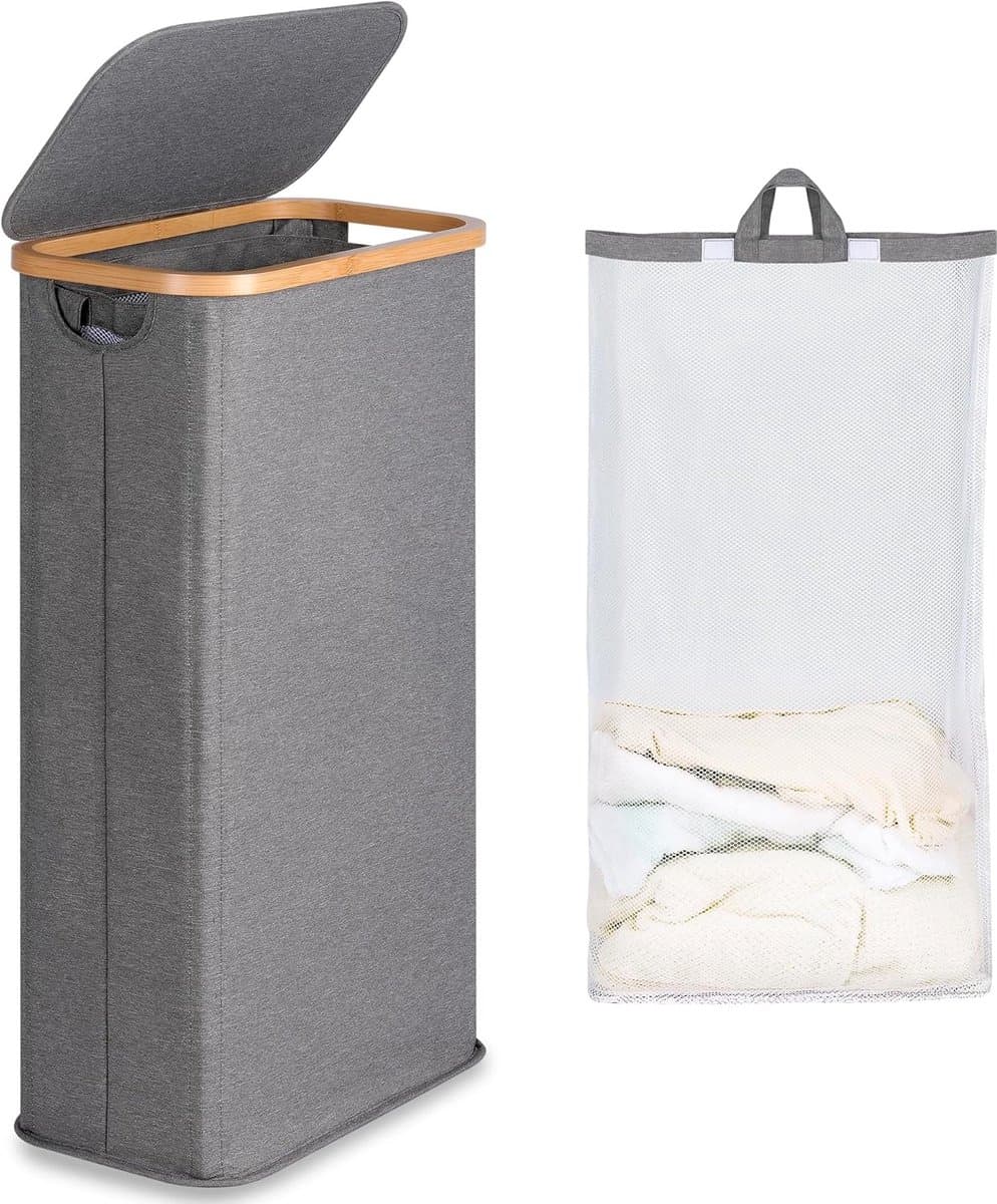 Smal wasmand met deksel - 63 liter - grijs - opvouwbaar - bamboe handgrepen — afbeelding 1