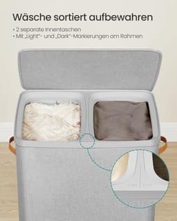 Furnstar Wasmand 170 l - Wasverzamelaar - 2 vakken - Wassorteerder - Lichte constructie met deksel en handgrepen - Uitneembare waszak 56 x 40 x 75 cm – Duifgrijs — thumbnail 2