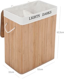 Wasmand Vuile wasmand met deksel, uitneembare voering, katoenen handgrepen en 2 vakken, 100 liter opslagcapaciteit, geschikt voor wasruimte en slaapkamer, 51,5 x 31,5 x 60,5 cm,naturel — thumbnail 2