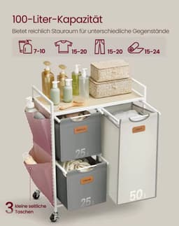 Wasmand 100L met 3 Vakken & Wielen – Metalen Frame met Houten Bovenblad – Inclusief 3 Zijvakken – Uitneembare Waszakken – Was Sorteren – Wit/Grijs — thumbnail 3