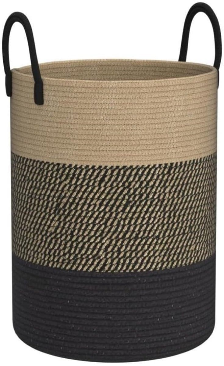 Geweven wasmand met handvat, perfect voor het opbergen van vuile was of speelgoed, 38 cm x 50 cm, beige/zwart. — afbeelding 1