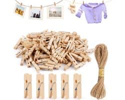 150 Houten Waslijntjes met Touw - Kleine Stevige Kledingknijpers