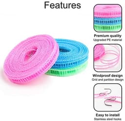 Draagbare Winddichte Nylon Waslijn - 3 Stuks 8m met Antislip Pins voor Binnen en Buiten — thumbnail 2