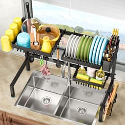2-laags uitschuifbaar metalen groot afdruiprek voor boven de gootsteen, keuken afdruiprek, ruimtebesparend, 24,8-35,4 inch. — thumbnail 4