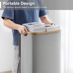 Wasmand 85 liter opvouwbaar met deksel en waszak, bamboe hout, smal design, grijze wasverzamelaar. — thumbnail 5