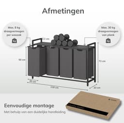 ACAZA Wasmand - Wassorteerder - 4 Vakken - 160 L - 116 x 72 x 33 cm - Zwart en Grijs — thumbnail 2
