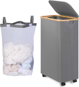 Wasmand met wieltjes - smal - 75 liter - grijs - wasbare binnenzak — thumbnail 2