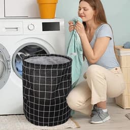 1 stuk - Wasmand - Katoen/linnen wasmand - Opbergemmer - Opbergtas - Opvouwbaar - Katoen/linnen materiaal - Waterdicht - Geschikt voor het opbergen van vuile kleding, speelgoed en huishoudelijke artikelen - 43*35 cm - Zwart raster — thumbnail 3