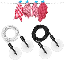 2-delige waslijn voor buiten - Elastisch touw - Uitschuifbare waslijn - Waslijn met haken en zuignappen - Geschikt voor binnen, gezin, kamperen en reizen - Zwart/Wit — thumbnail 1
