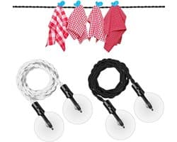 2-delige waslijn voor buiten - Elastisch touw - Uitschuifbare waslijn - Waslijn met haken en zuignappen - Geschikt voor binnen, gezin, kamperen en reizen - Zwart/Wit